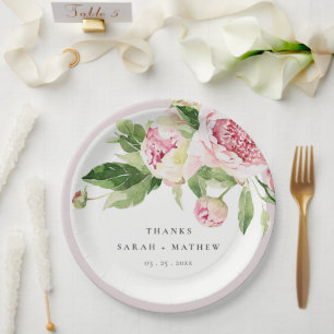 Elegant Pink Green Peony Floral Thanks Wedding Paper Plate