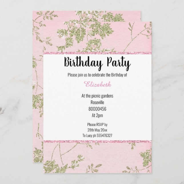 ELEGANT PINK GREEN SPRING THEME BIRTHDAY INVITATION (Front/Back)
