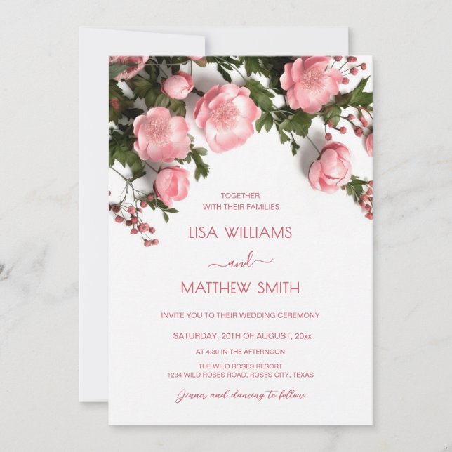 Elegant Pink Greenery 3D Roses Wedding Invitation (Front)