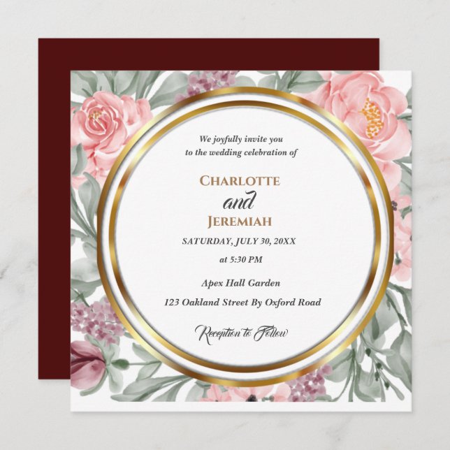 Elegant Pink Greenery Circle Frame Wedding  Invitation (Front/Back)