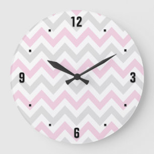 Elegant Pink, Grey and White Chevron Pattern Large Clock