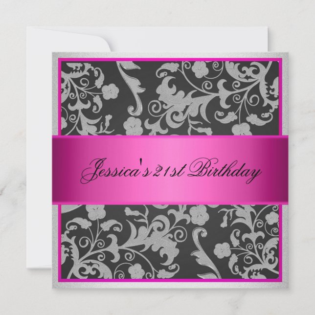 Elegant  Pink Grey Black Silver Roses Party Invitation (Front)
