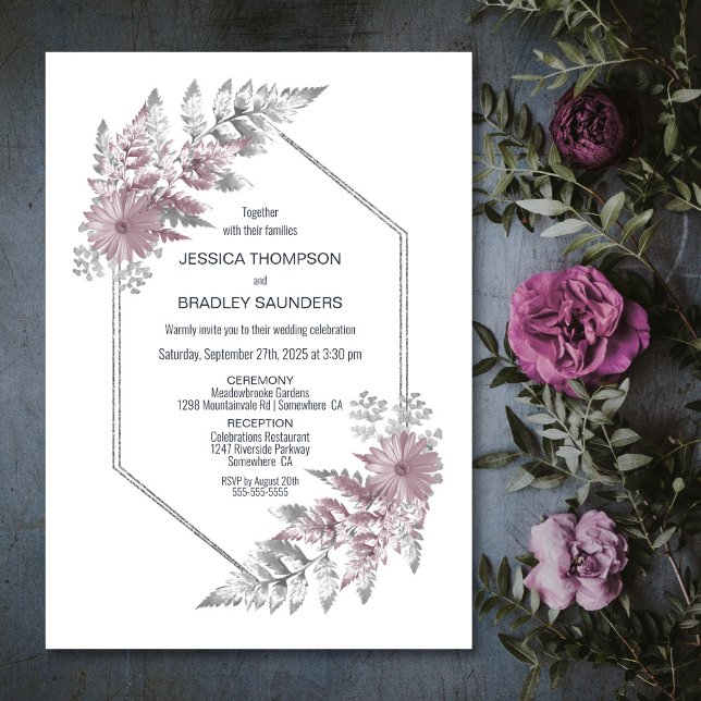 Elegant Pink Grey Botanical Wedding Invitation (Creator Uploaded)