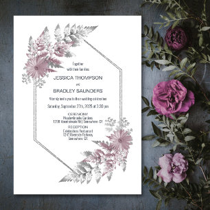 Elegant Pink Grey Botanical Wedding Invitation