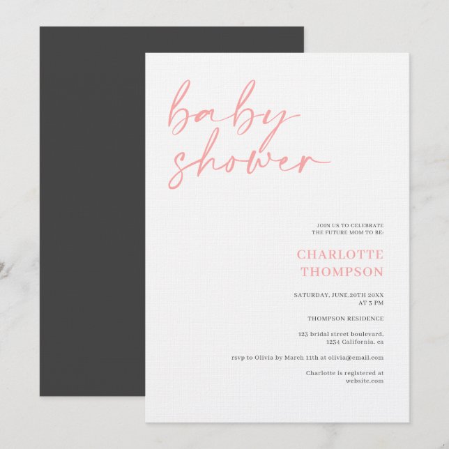 Elegant pink grey casual script baby shower invitation (Front/Back)