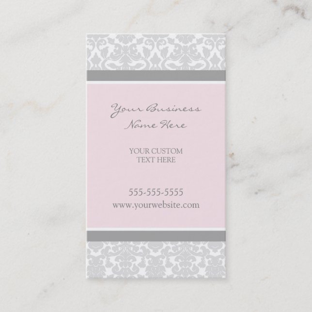 Elegant Pink Grey Damask Business Cards (Front)