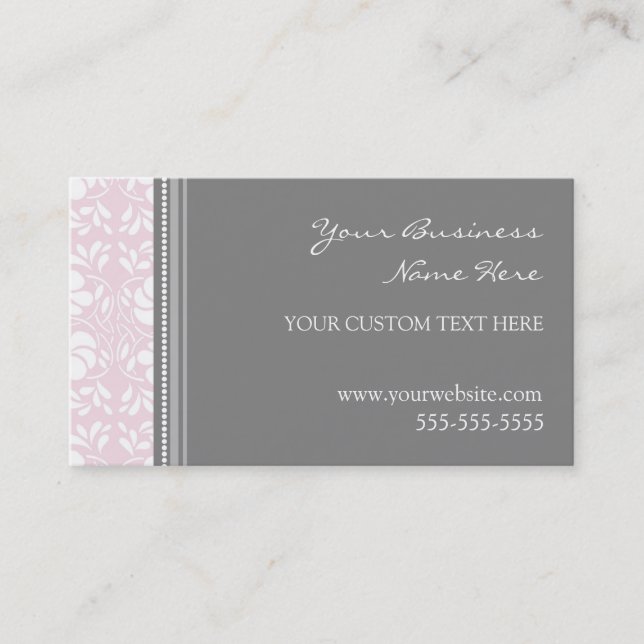 Elegant Pink Grey Damask Business Cards (Front)