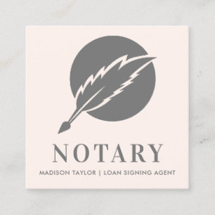 Elegant Pink Grey Feather Quill Nib Public Notary Square Business Card