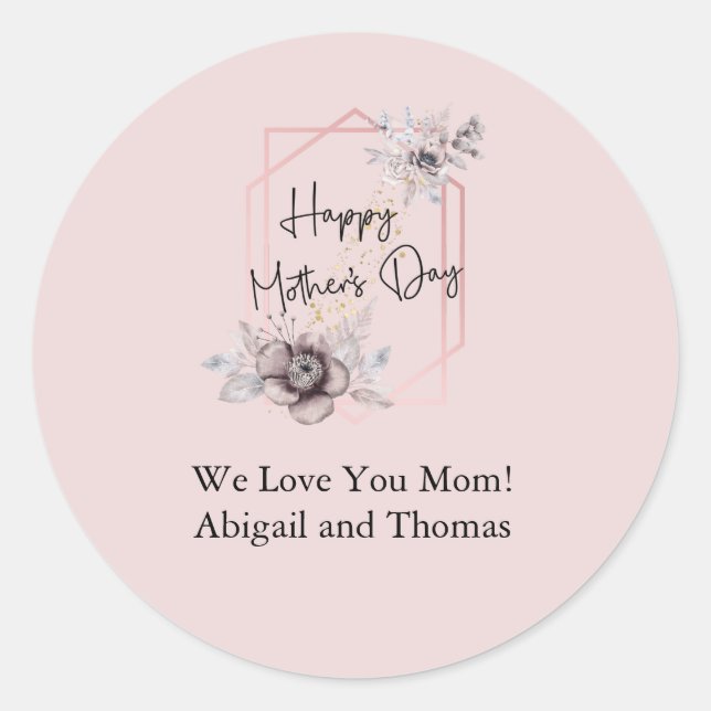 Elegant Pink Grey Floral Mother's Day Personalize Classic Round Sticker (Front)