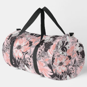 Elegant Pink Grey Floral Pattern Personalized Name Duffle Bag