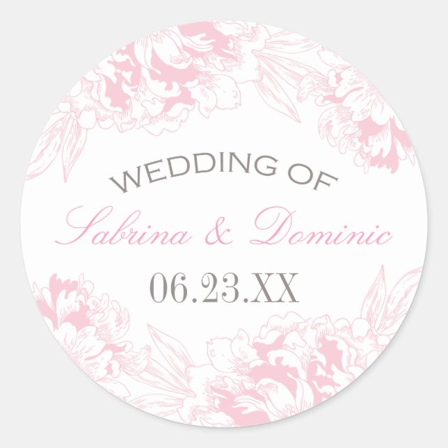 Elegant Pink Grey Floral Peony Wedding Monogram Classic Round Sticker (Front)