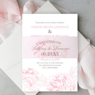 Elegant Pink Grey Floral Peony Wedding Monogram Invitation Belly Band