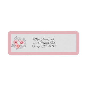 Elegant Pink Grey Floral Script Wedding Address