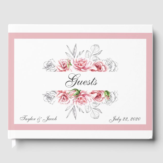 Elegant Pink Grey Floral Script Wedding Guest Book (Front)