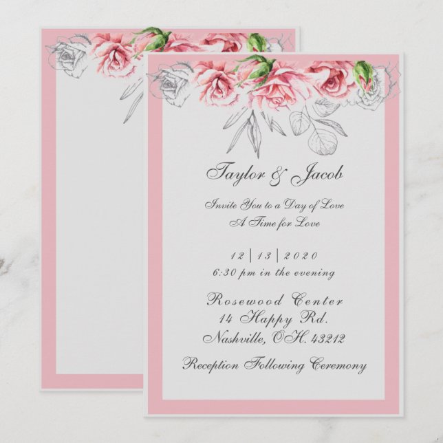 Elegant Pink & Grey Floral Script Wedding Invitation (Front/Back)
