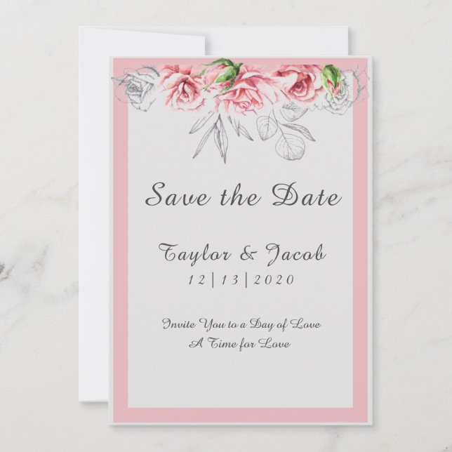 Elegant Pink Grey Floral Script Wedding Save The Date (Front)