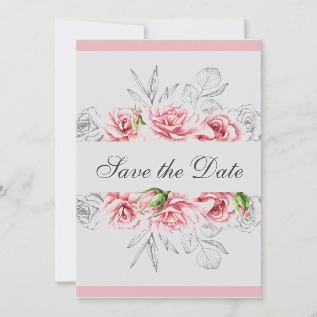 Elegant Pink Grey Floral Script Wedding Save The Date (Front)