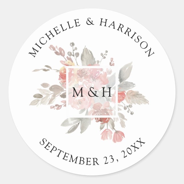 Elegant Pink Grey Floral Watercolor Envelope Seals (Front)