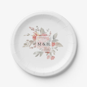 Elegant Pink Grey Floral Watercolor Wedding Paper Plate