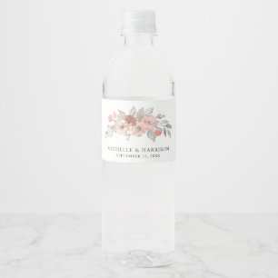 Elegant Pink Grey Floral Watercolor Wedding Water Bottle Label