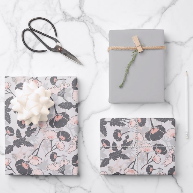  Elegant Pink Grey Flowers Wrapping Paper Sheet (Front)