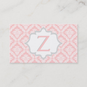Elegant pink, grey, ivory damask pattern monogram business card