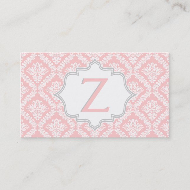 Elegant pink, grey, ivory damask pattern monogram business card (Front)