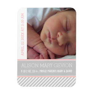 Elegant pink, grey striped baby girl birth magnet