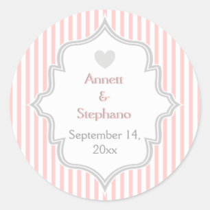 Elegant pink, grey stripes wedding Save the Date Classic Round Sticker