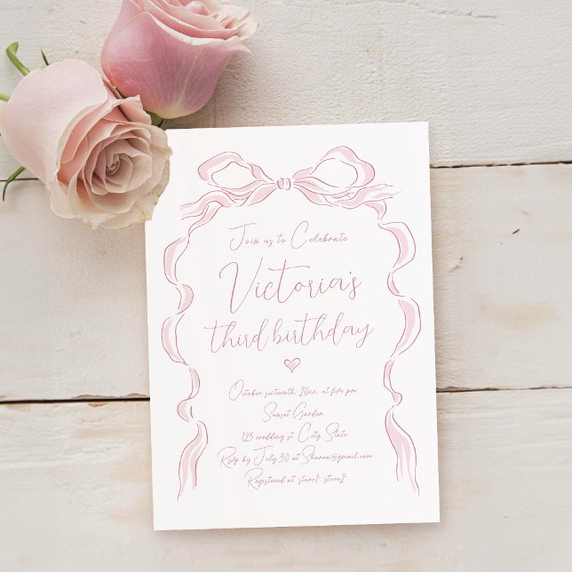 Elegant Pink Hand Drawn Bow Any Age Baby Birthday Invitation (Elegant Pink Hand Drawn Bow Any Age Baby Birthday Invitation)