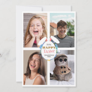 Elegant Pink happy Easter Ears Eggs Family photo Holiday Card