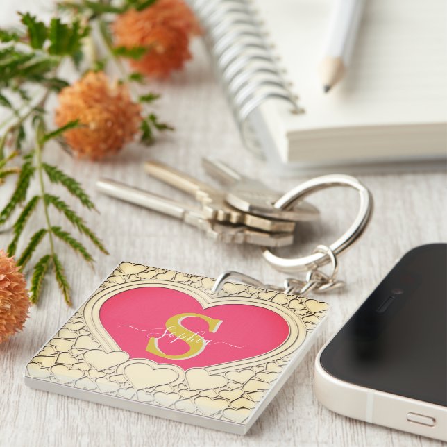 Elegant Pink Heart  and Initial, Name Stylish Keychain (Front Right)