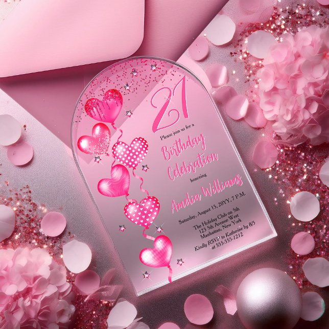 Elegant Pink Heart Balloons 21st Birthday Party Acrylic Invitations (Elegant Pink Heart Balloons "21" 21st Birthday Party Arched Acrylic Invitation)