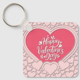 Elegant Pink Heart Happy Valentine's Day Stylish Keychain