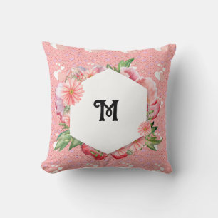 Elegant Pink Hearts and Blooming Flowers Throw Pillow