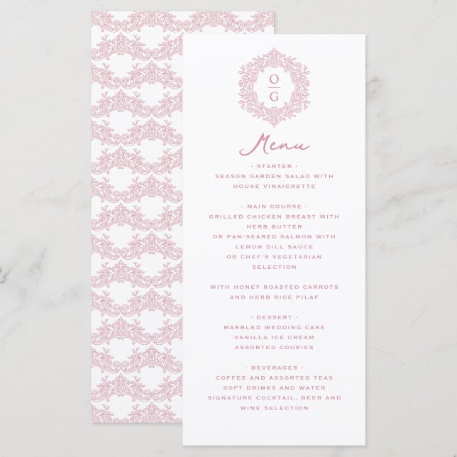 Elegant Pink Heirloom Wedding Reception Menu (Front/Back)