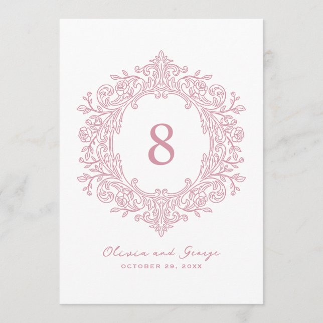Elegant Pink Heirloom Wedding Table Number (Front)