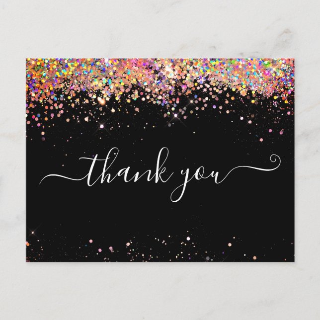 Elegant Pink Holographic Glitter Black Thank You Postcard (Front)