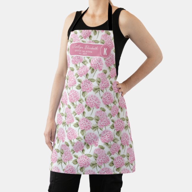 Elegant Pink Hydragea Flowers Pattern Monogram Apron (Insitu)