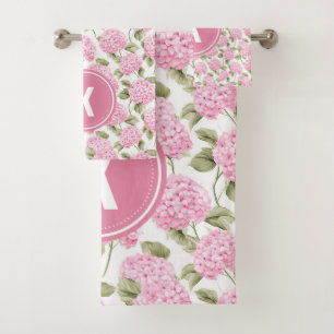 Elegant Pink Hydragea Flowers Pattern Monogram Bath Towel Set