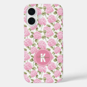 Elegant Pink Hydragea Flowers Pattern Monogram iPhone 16 Case