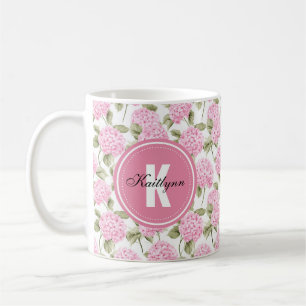 Elegant Pink Hydragea Flowers Pattern Monogram Cof Coffee Mug