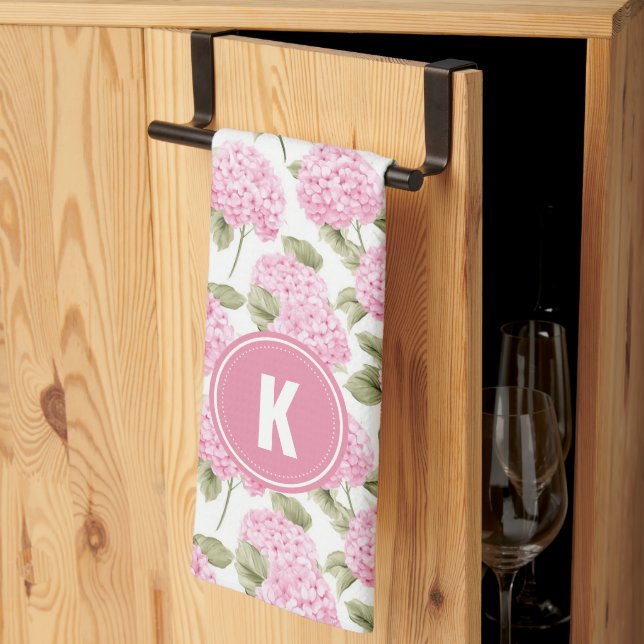 Elegant Pink Hydragea Flowers Pattern Monogram Kitchen Towel (Thirds Fold)