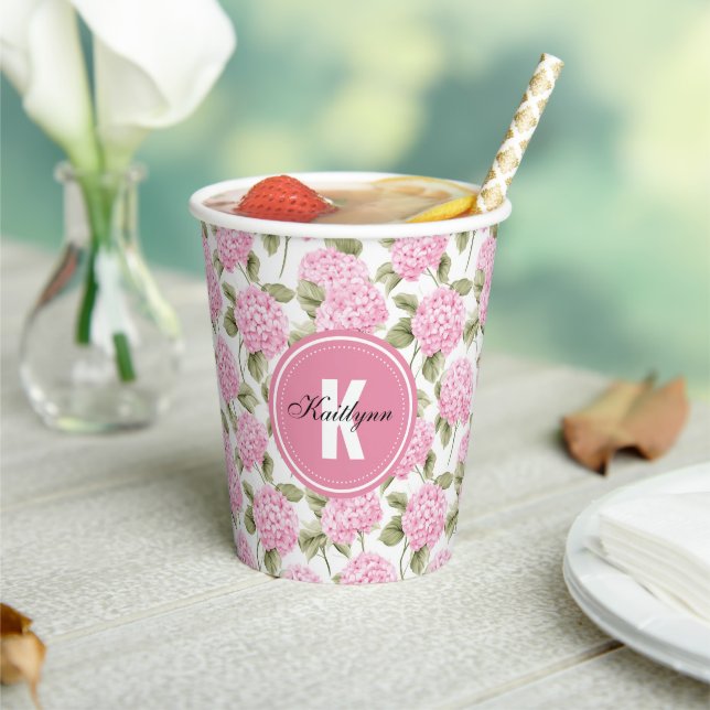 Elegant Pink Hydragea Flowers Pattern Monogram Paper Cups (Insitu)