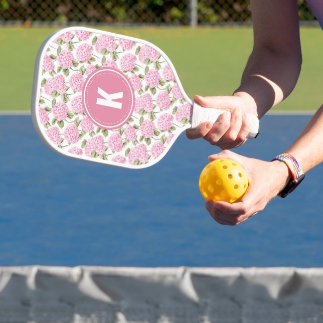 Elegant Pink Hydragea Flowers Pattern Monogram Pickleball Paddle (Insitu)