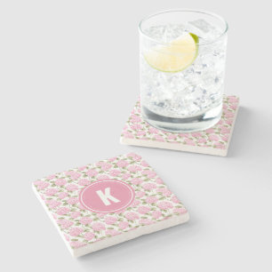 Elegant Pink Hydragea Flowers Pattern Monogram Stone Coaster