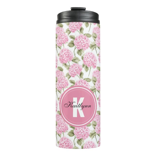 Elegant Pink Hydragea Flowers Pattern Monogram Thermal Tumbler (Front)