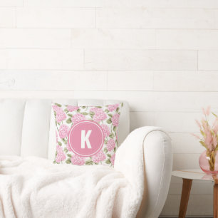 Elegant Pink Hydragea Flowers Pattern Monogram Throw Pillow