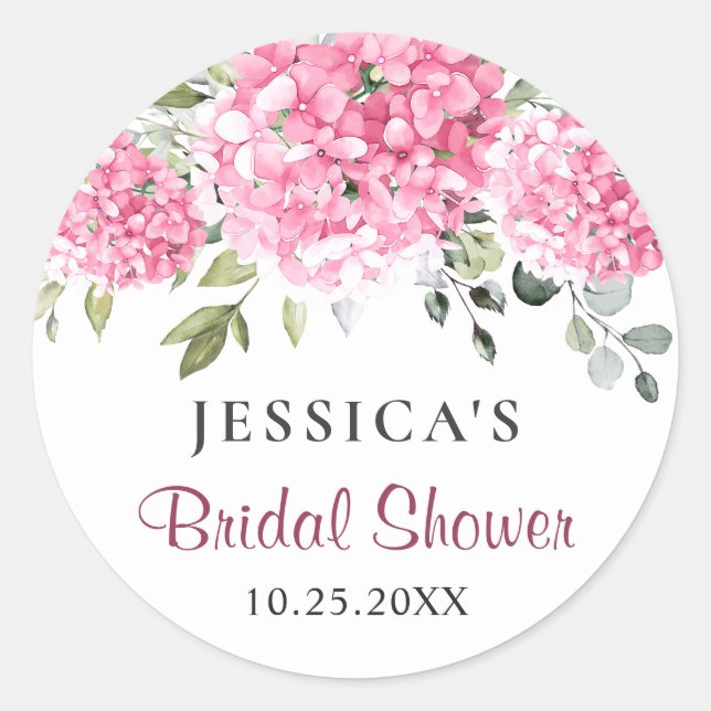 Elegant Pink Hydrangea Eucalyptus Bridal Shower Classic Round Sticker (Front)