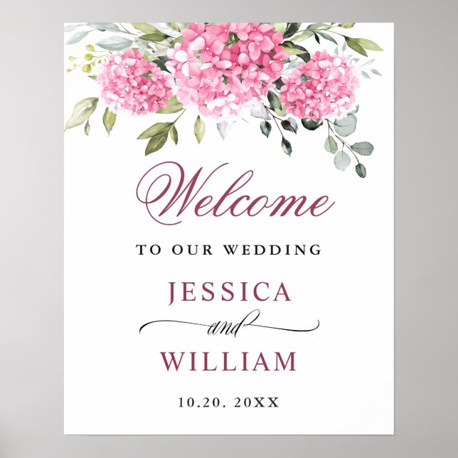 Elegant Pink Hydrangea Eucalyptus Wedding Welcome Poster (Front)
